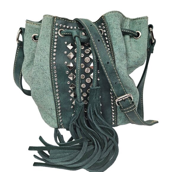 Montana West Handbags - Montana West Green Canvas/Faux Leather Studded Suede Tassel Crossbody Bucket Bag